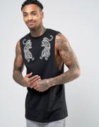 Asos Oversized Sleeveless T-shirt With Embroidered Tiger Design - Blac