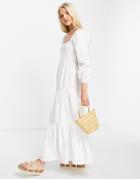 Asos Design Cotton Square Neck Shirred Bodice Button Through Maxi Dress In White