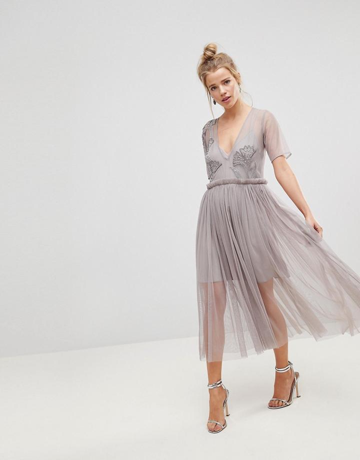 Asos Embellished Deep Plunge Mesh Midi Dress With Delicate Beading-gray