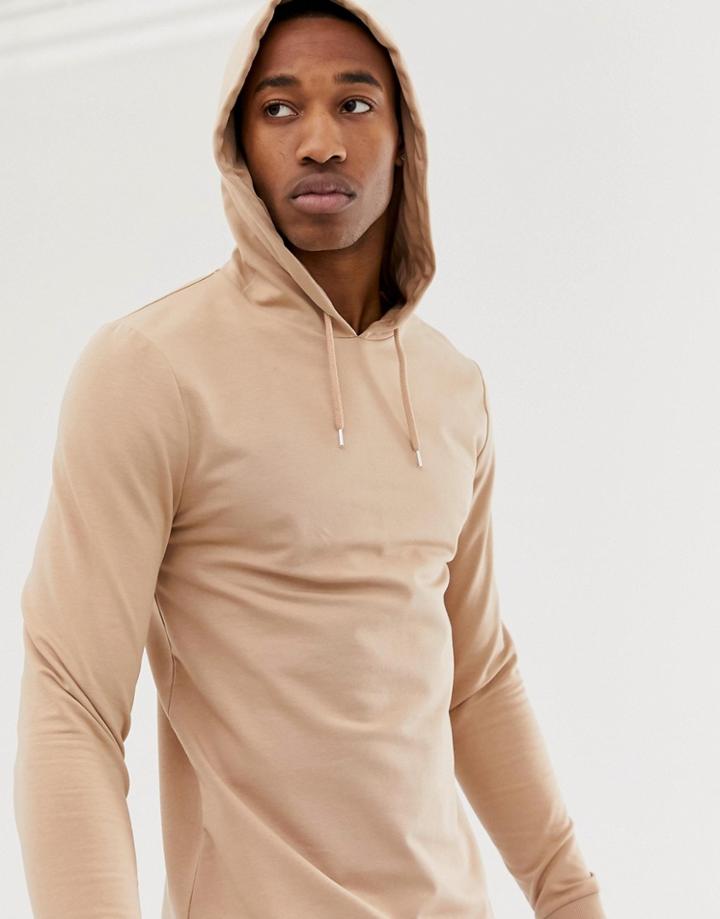 Asos Design Longline Muscle Fit Hoodie With Curved Hem In Beige - Beige
