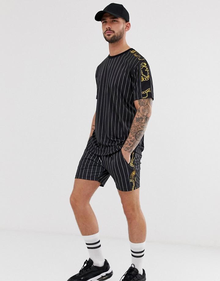 Asos Design Two-piece Skinny Shorts In Stripes With Baroque Side Stripe - Black
