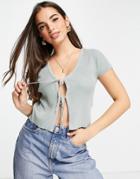 Abercrombie & Fitch Tie Front Short Sleeve Cardigan In Olive-green