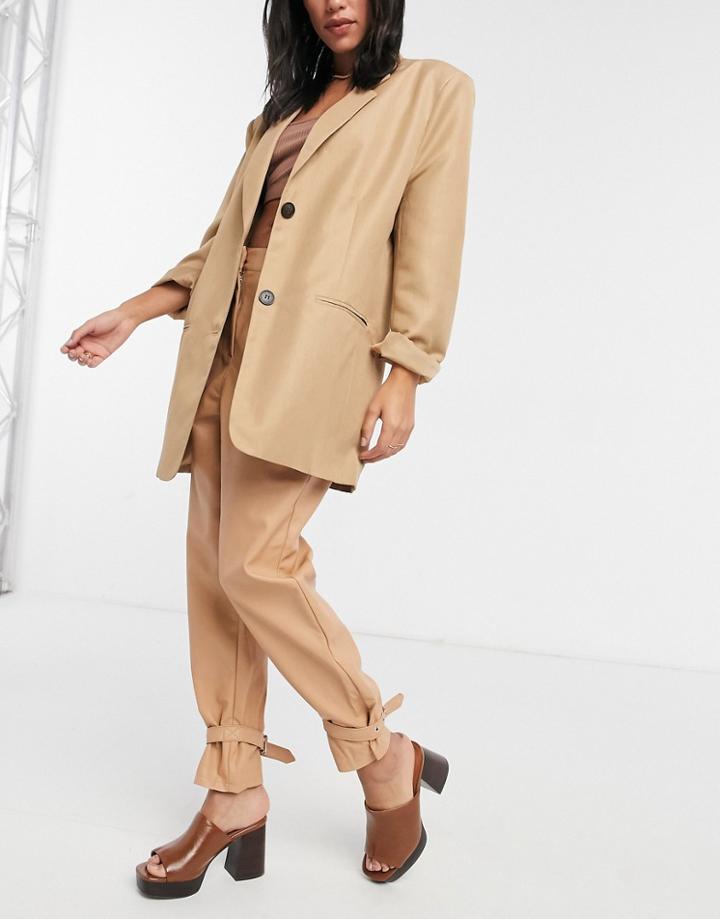 River Island Cinch Cuff High Waisted Faux Leather Pant In Beige