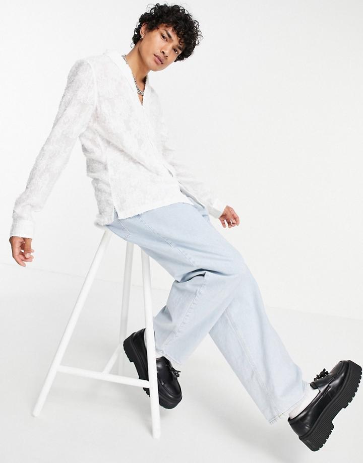 Asos Design Regular Fit Shawl Collar Shirt In Textured Floral Jacquard In White