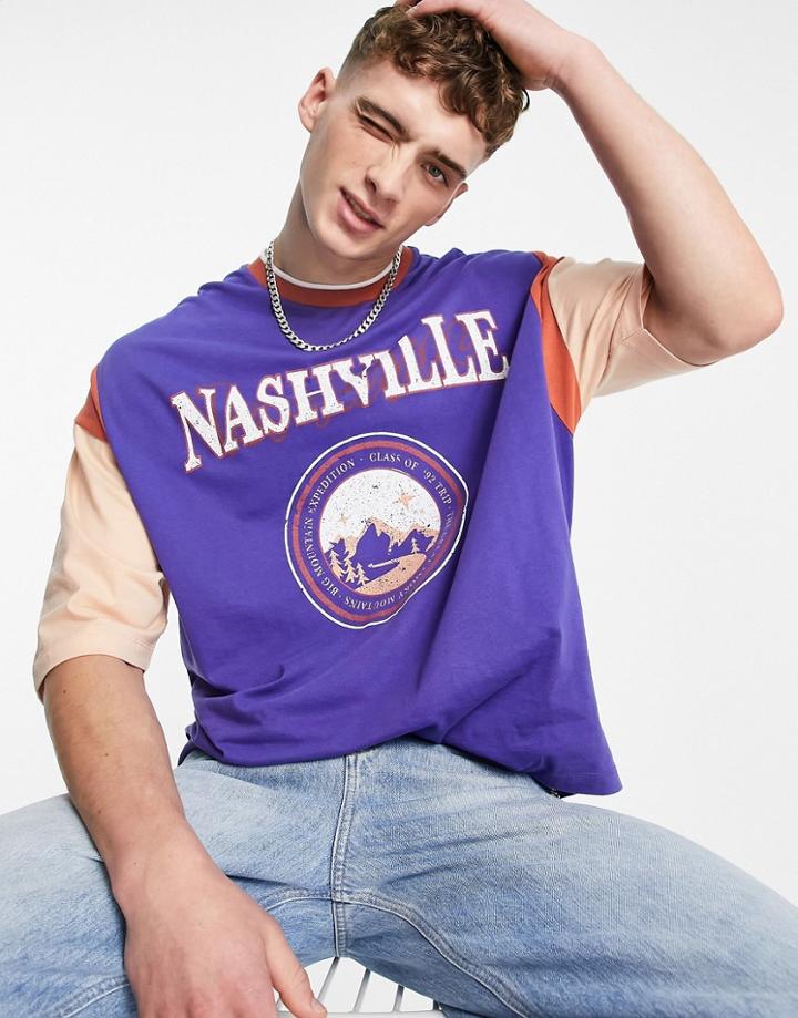 Asos Design Oversized T-shirt In Navy Color Block With Nashville City Print-multi
