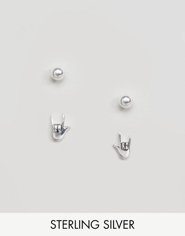 Asos Pack Of 2 Sterling Silver Hand Stud Earrings - Silver