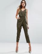 Asos Cami Jumpsuit With Peg Leg And Lace Trim - Green