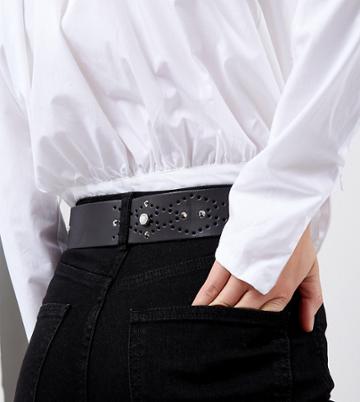 Retro Luxe London Pearl & Stud Embellished Black Leather Belt - Black