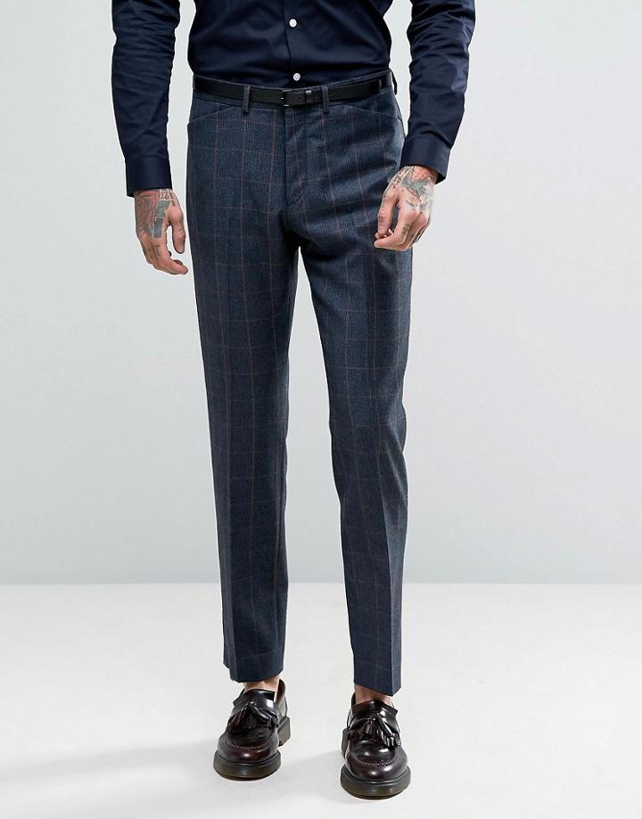 Asos Slim Suit Pant In Navy Window Pane Check In 100% Wool - Navy