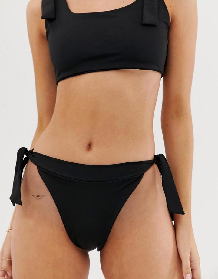 Prettylittlething High Leg Bikini Bottom With Tie Side In Black - Black
