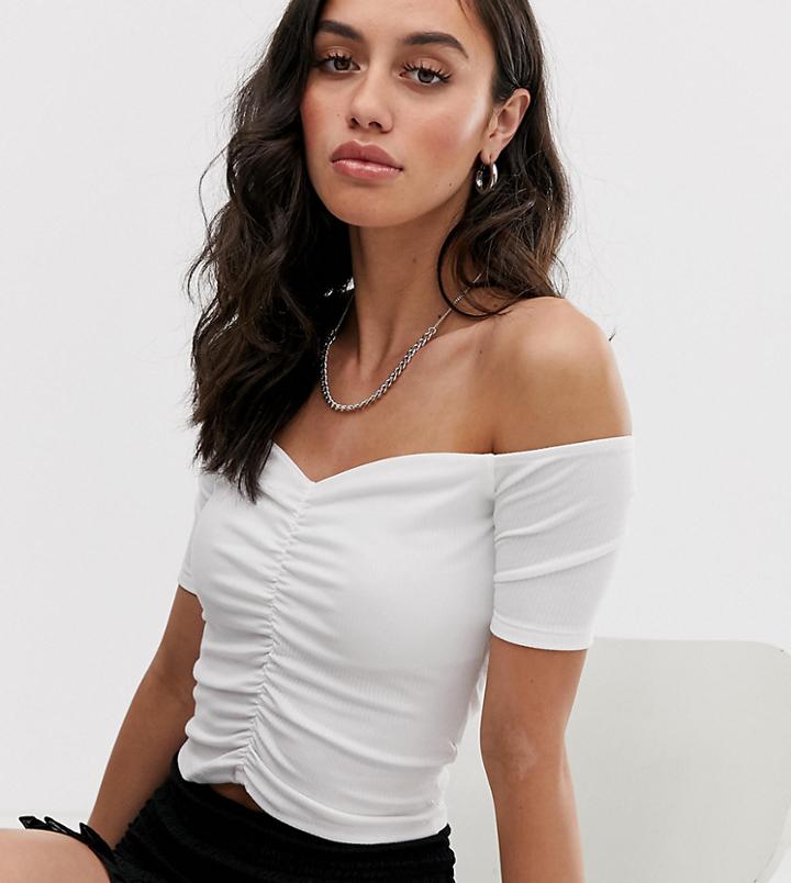 Bershka Ruched Front Bardot Top In White - White
