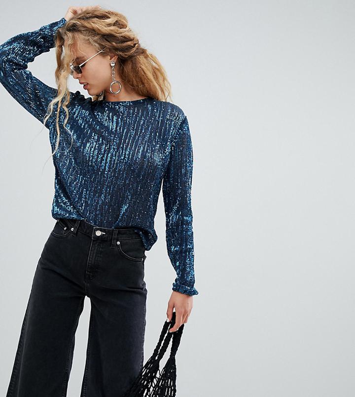 Weekday Sequin Long Sleeve Top In Petrol Blue