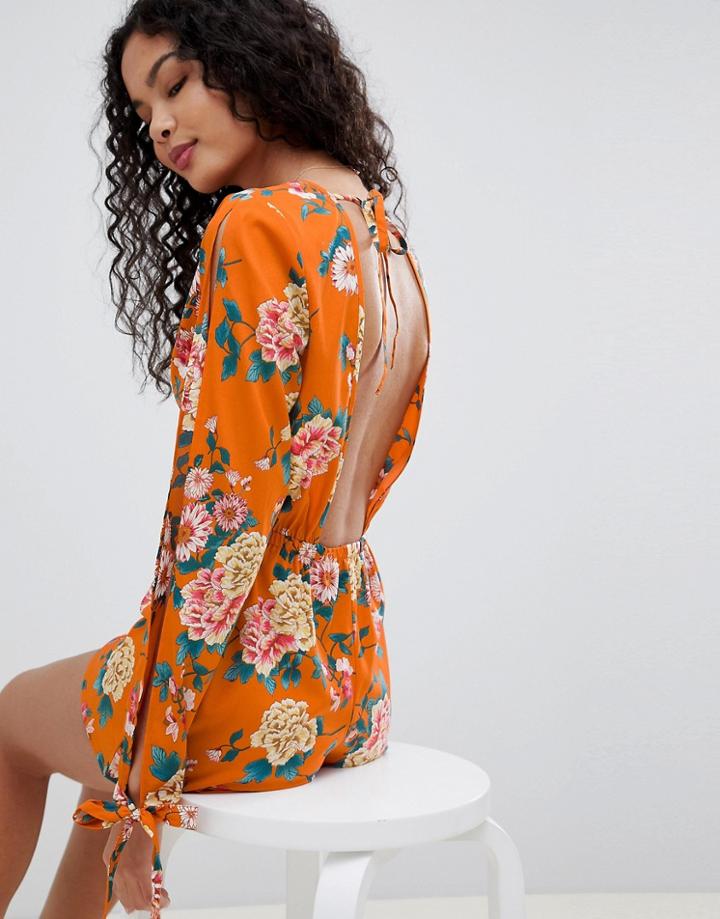 Influence Open Back Floral Print Romper - Orange