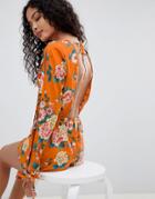 Influence Open Back Floral Print Romper - Orange