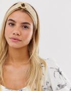 Asos Design Headband In Raffia With Wooden Circle Detail - Cream