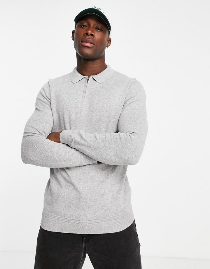Topman Long Sleeve Zip Knitted Polo In Light Gray-grey