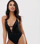 River Island Plunge Swimsuit With Floral Applique - Black