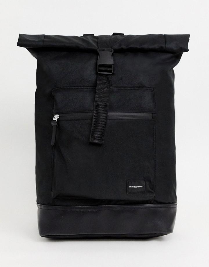 Asos Design Backpack In Black With Roll Top And Front Pocket - Black