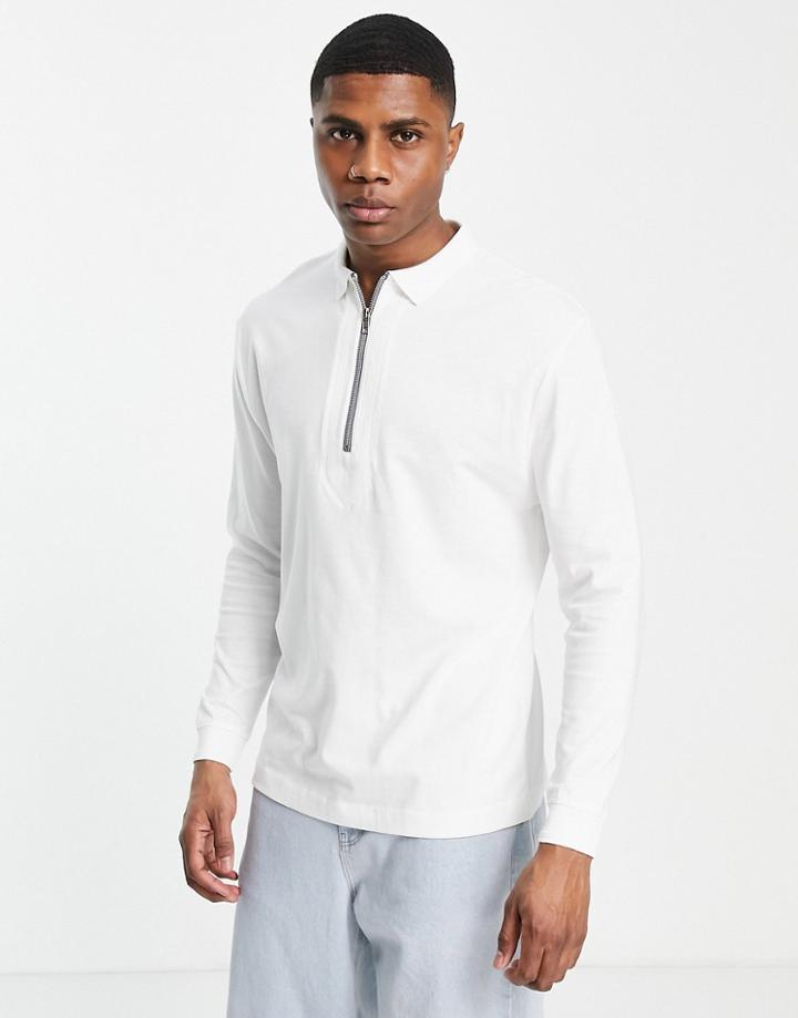 Asos Design Long Sleeve Polo With Zip And Cuff Detail In Off-white