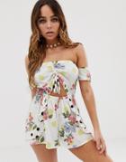 River Island Floral Print Badot Cut Out Beach Romper In White Print