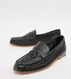 Frank Wright Wide Fit Woven Loafers In Black Leather-navy