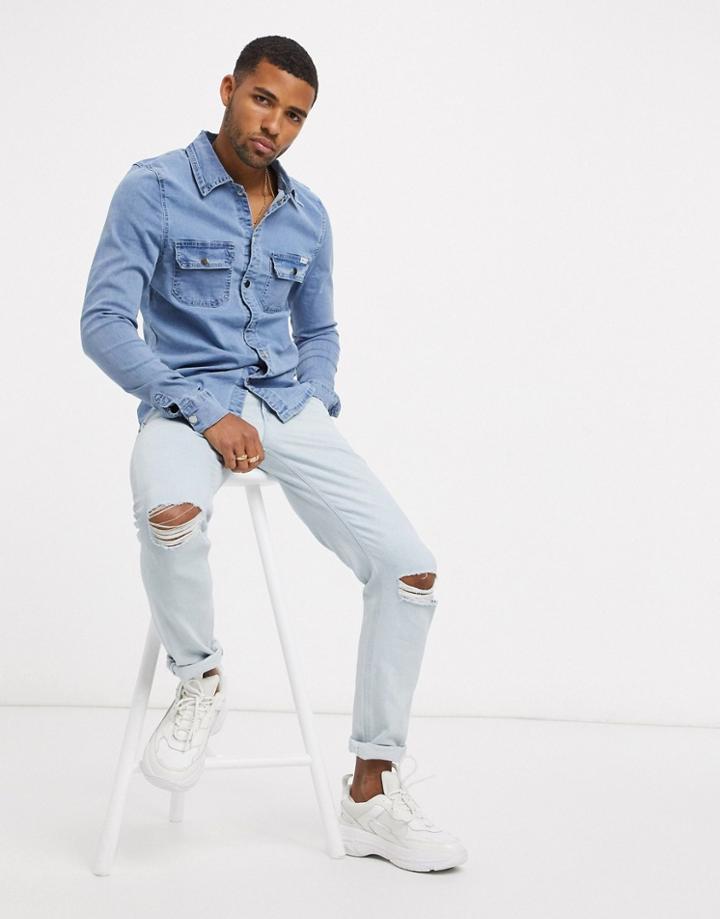 Liquor N Poker Muscle Fit Denim Shirt In Blue-blues