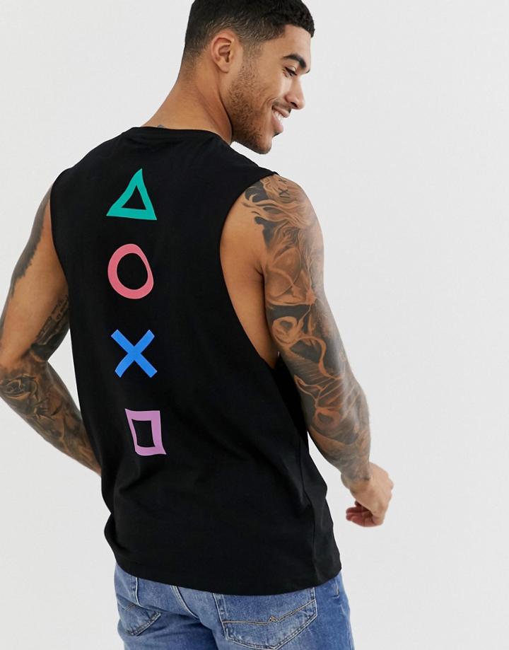 Asos Design Playstation Sleeveless T-shirt With Dropped Armhole With Chest And Back Symbols Print - Black