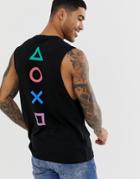 Asos Design Playstation Sleeveless T-shirt With Dropped Armhole With Chest And Back Symbols Print - Black