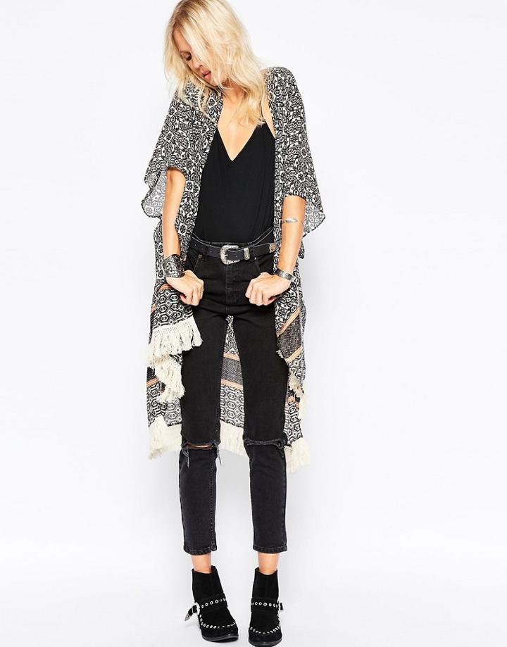 Only Mixed Print Poncho With Fringed Hem - Cloud Dancer