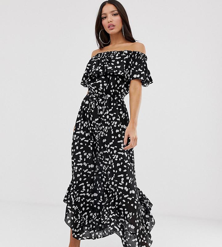 Asos Design Tall Off Shoulder Beach Maxi Dress With Ruffle In Polka Dot-multi