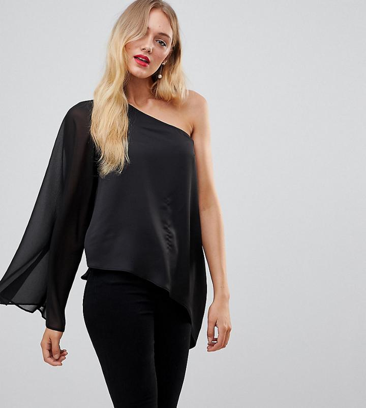 Asos Tall One Shoulder Satin And Sheer Top - Black