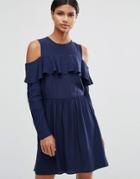 Asos Mini Cold Shoulder Dress With Ruffle Detail - Navy
