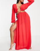 Asos Design Fuller Bust Cut Out Lattice Waist Maxi Beach Dress In Red