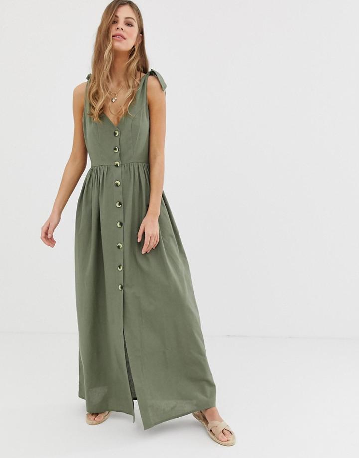 Asos Design Button Through Smock Maxi Dress-green