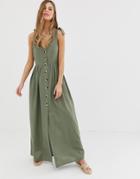 Asos Design Button Through Smock Maxi Dress-green