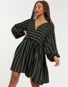 Asos Design Casual Oversized Mini Smock Dress In Khaki Black Stripe-multi