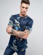 Asos Longline T-shirt With Floral All Over Print And Curved Hem - Navy