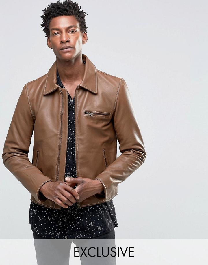 Black Dust Leather Jacket With Zip Detailing - Tan