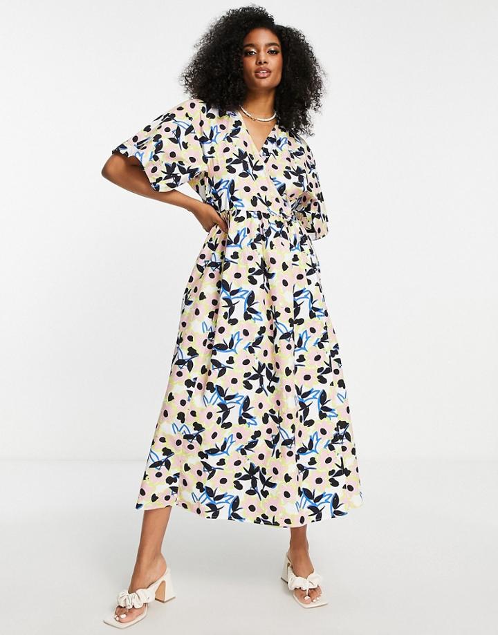 Asos Edition Wrap Smock Midi Dress In Floral Print-multi
