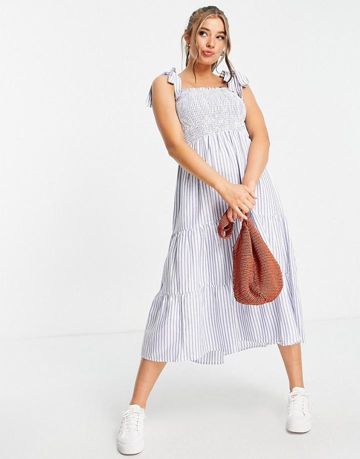 New Look Tie Strap Tiered Midi Dress In Blue Stripe-blues