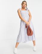 New Look Tie Strap Tiered Midi Dress In Blue Stripe-blues