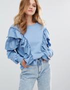 Pull & Bear Exaggerated Frill Sweat Top - Blue