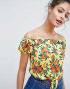 Asos Design Off Shoulder Top In Tropical Fruit Print - Multi