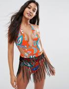 Asos Orange Flower Print Macrame Fringed Swimsuit - Orange Flower