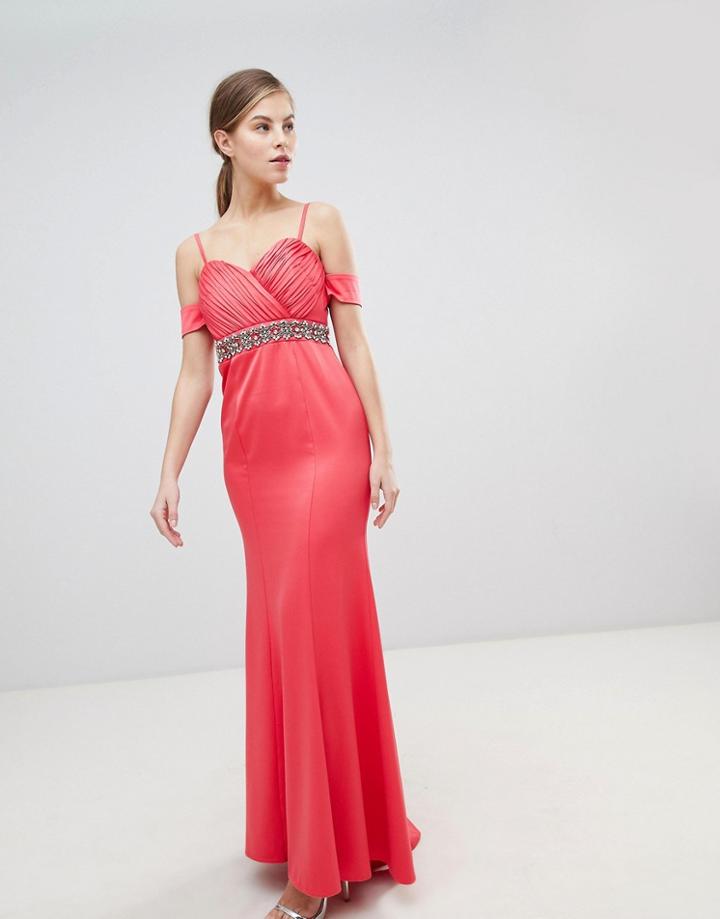 Little Mistress Off Shoulder Maxi Dress With Embellished Waist - Pink