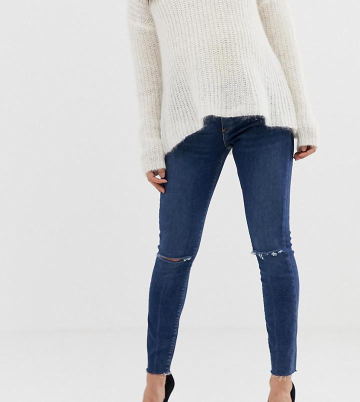 Asos Design Maternity Ridley High Waisted Skinny Jeans In Dark Wash Blue With Ripped Knee Detail With Under The Bump Wai