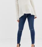 Asos Design Maternity Ridley High Waisted Skinny Jeans In Dark Wash Blue With Ripped Knee Detail With Under The Bump Wai