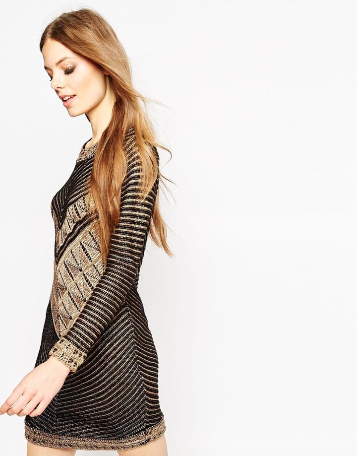 Asos Dress In Knit In Metallic Yarn In Chevron Pattern