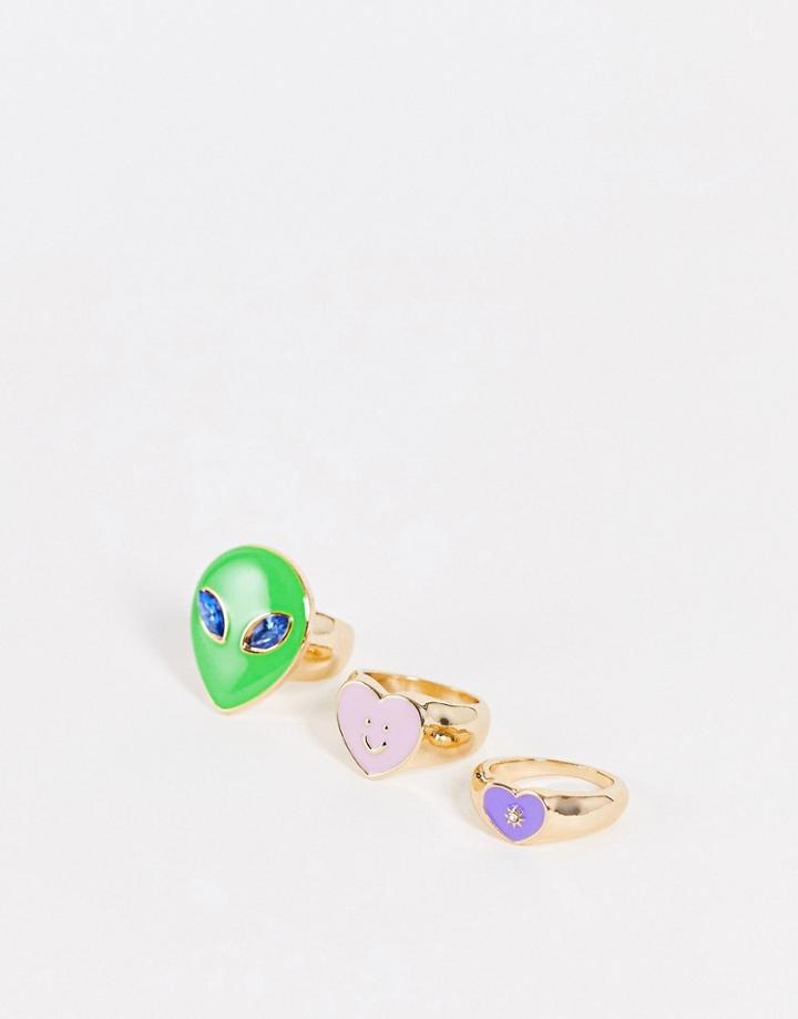 Monki 3 Pack Alien Rings In Multi