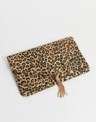 Asos Design Tassel Clutch Bag In Leopard-multi